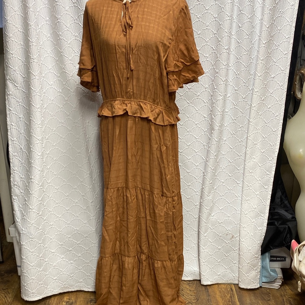 Fashions size XL Tan Brown Maxi Dress elastic‎ waist ruffle sleeves casual